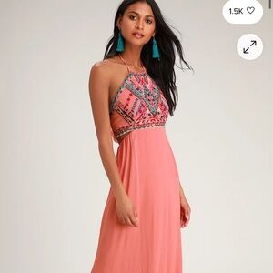 Beautiful coral color maxi dress with teal embroidery open back detail
